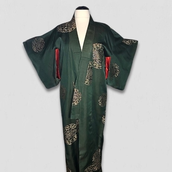 Vintage Japanese Kimono Ornate Floral Open-Front Silk Dark Green/Gold Women’s OS - Picture 1 of 16